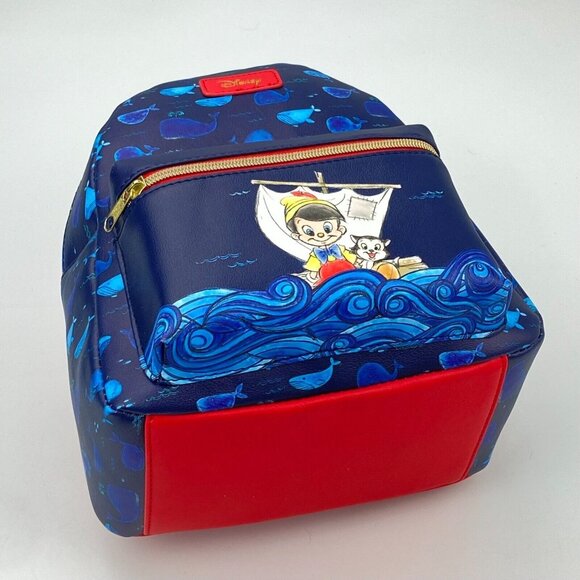 NWT Disney Loungefly Pinocchio & Figaro Whale Mini Backpack Bag Blue & Red main image 4